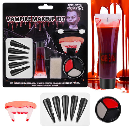 Halloween Makeup Set Schwarz Grau Rot Kunstblut Vampirgebiss