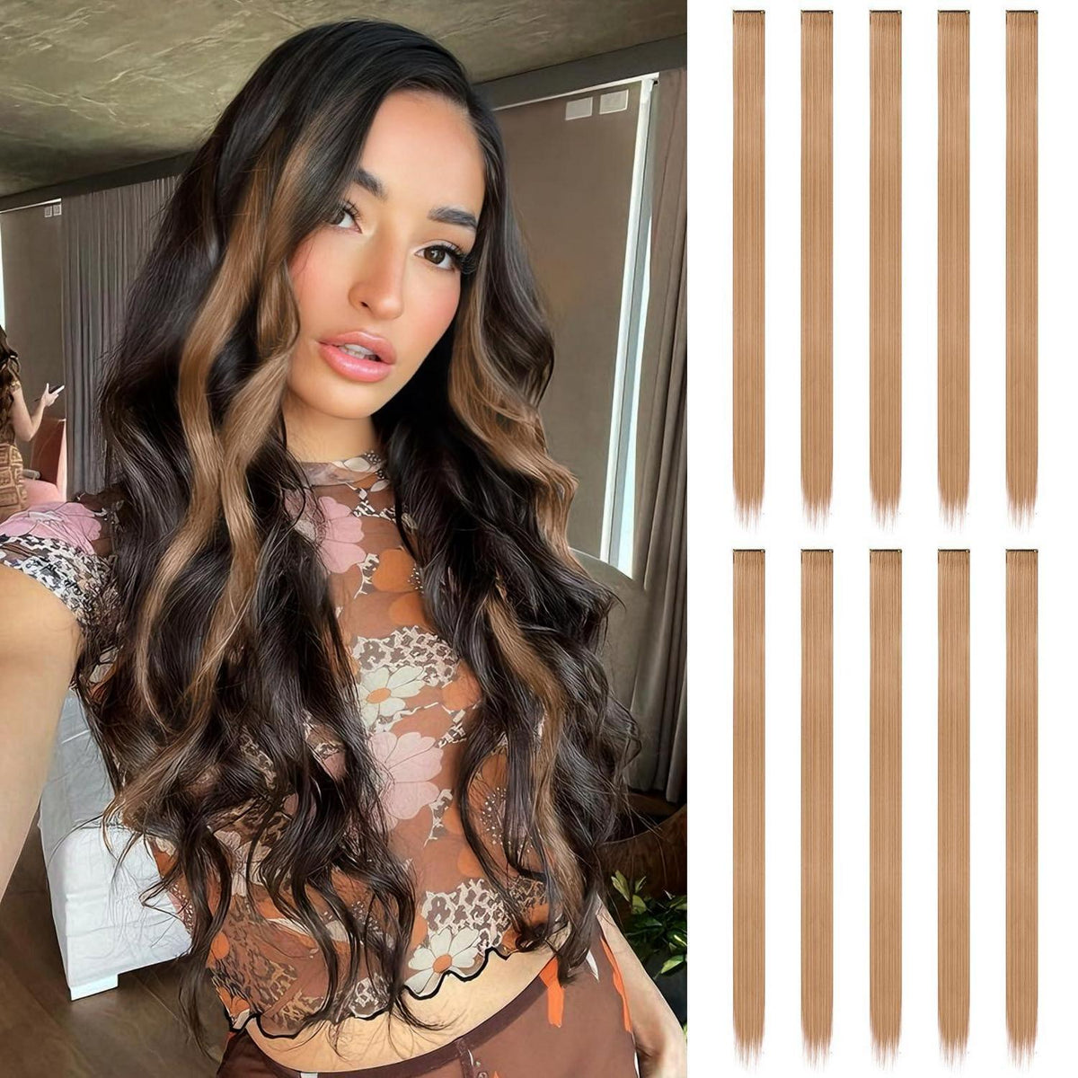Farbenfrohe Haarverlängerung Braun Blond Clip-In 55cm