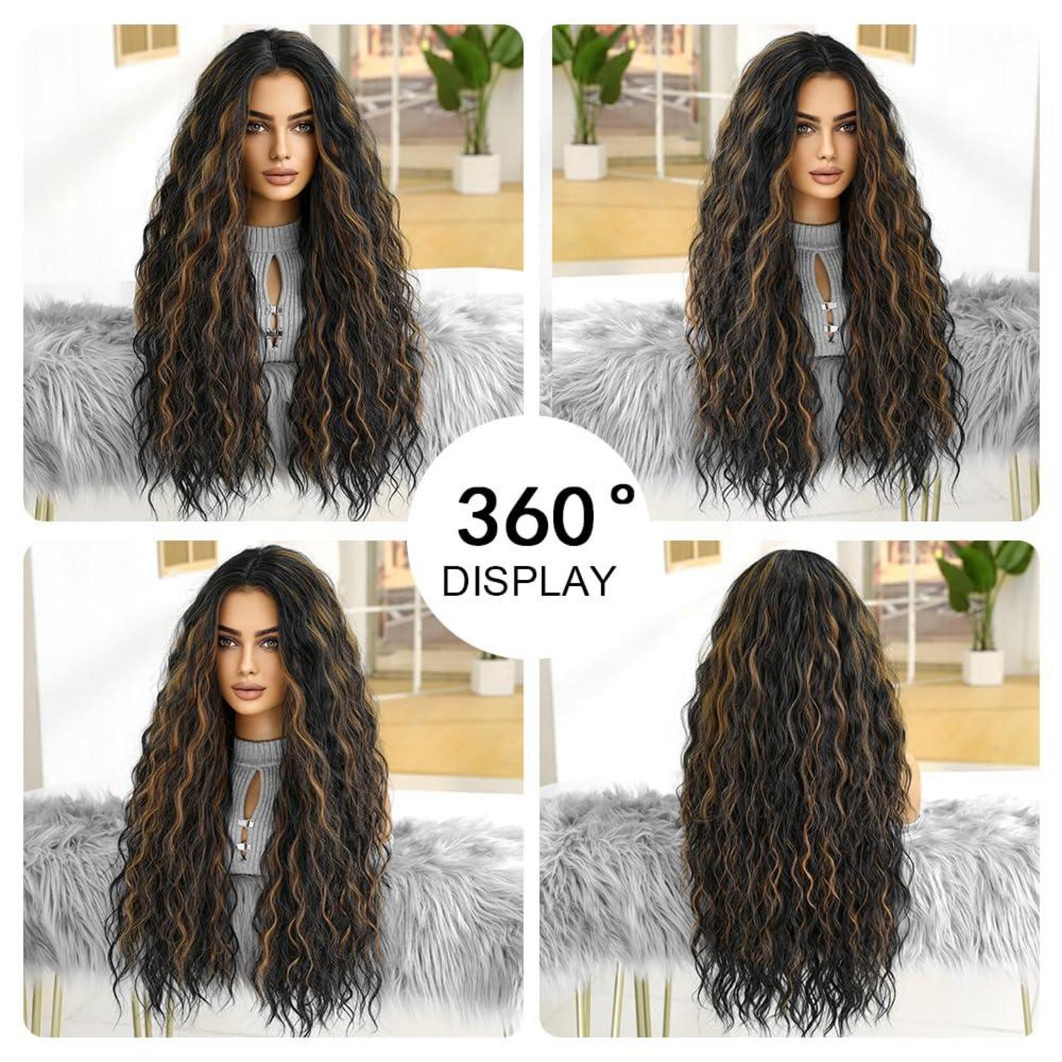 Lange Schwarze Perücke mit Braunen Highlights Synthetische Haare Hitzebeständig