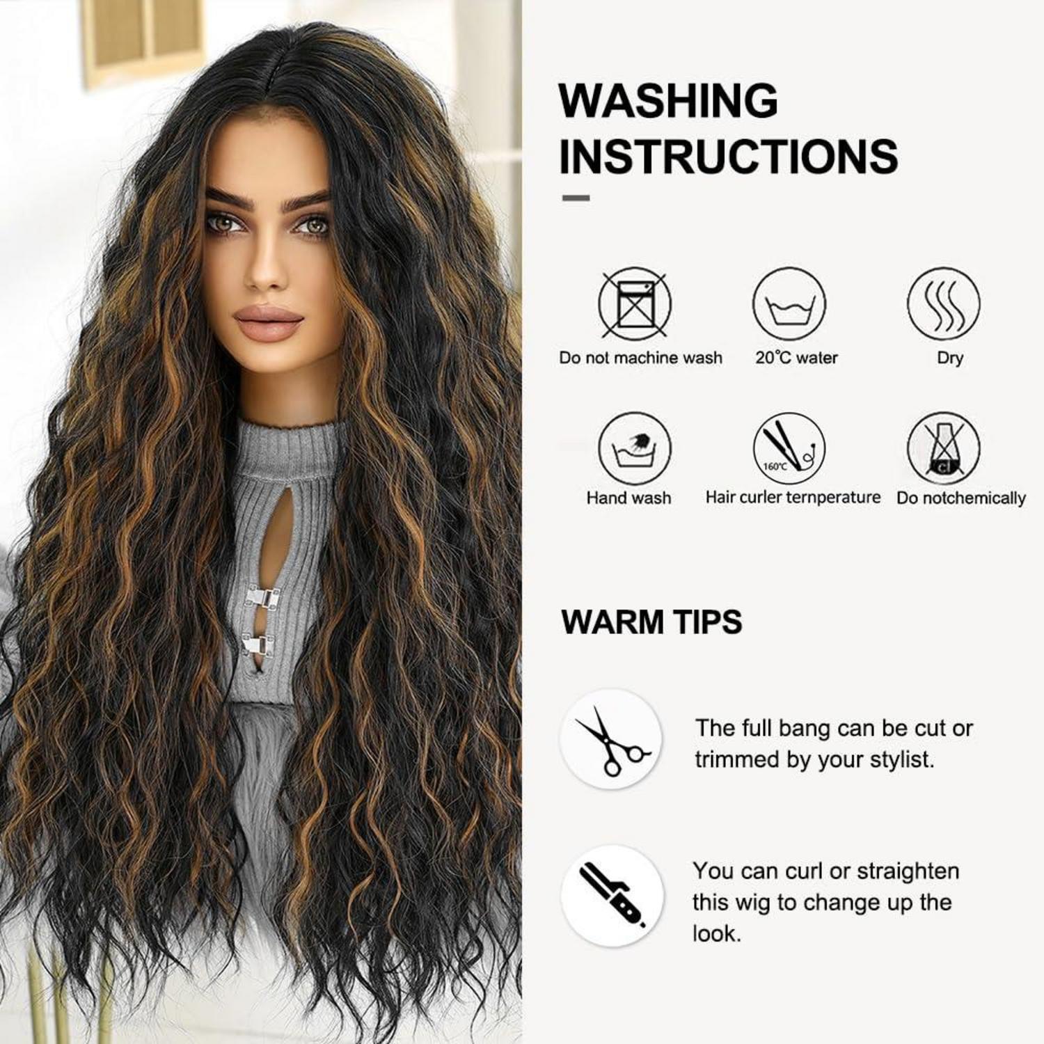 Lange Schwarze Perücke mit Braunen Highlights Synthetische Haare Hitzebeständig