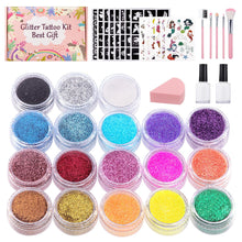 Glitzer Tattoo Set Kinder 18 Farben 115 Schablonen 2 Kleber 5 Pinsel