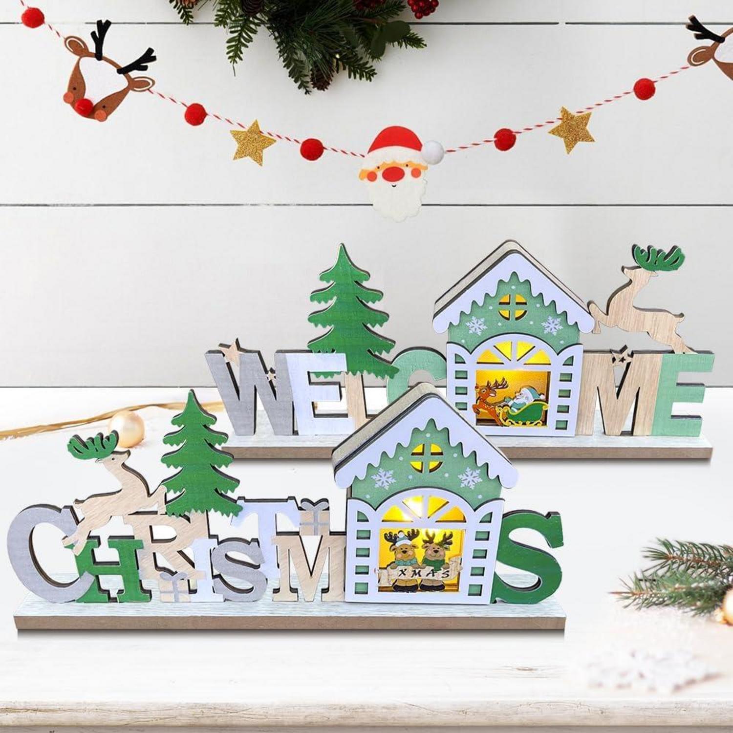 Weihnachtsdeko Tisch LED aus Holz Schriftzug Beleuchtet