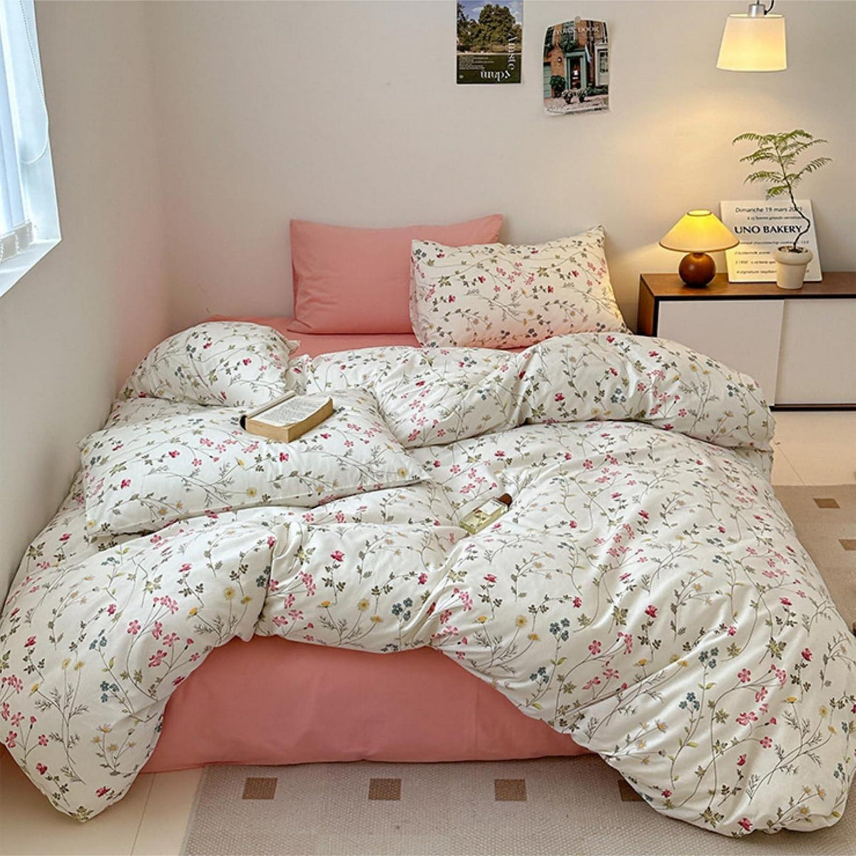 Baumwoll Bettwäsche Set Blumen Beige Rosa 220x240 cm