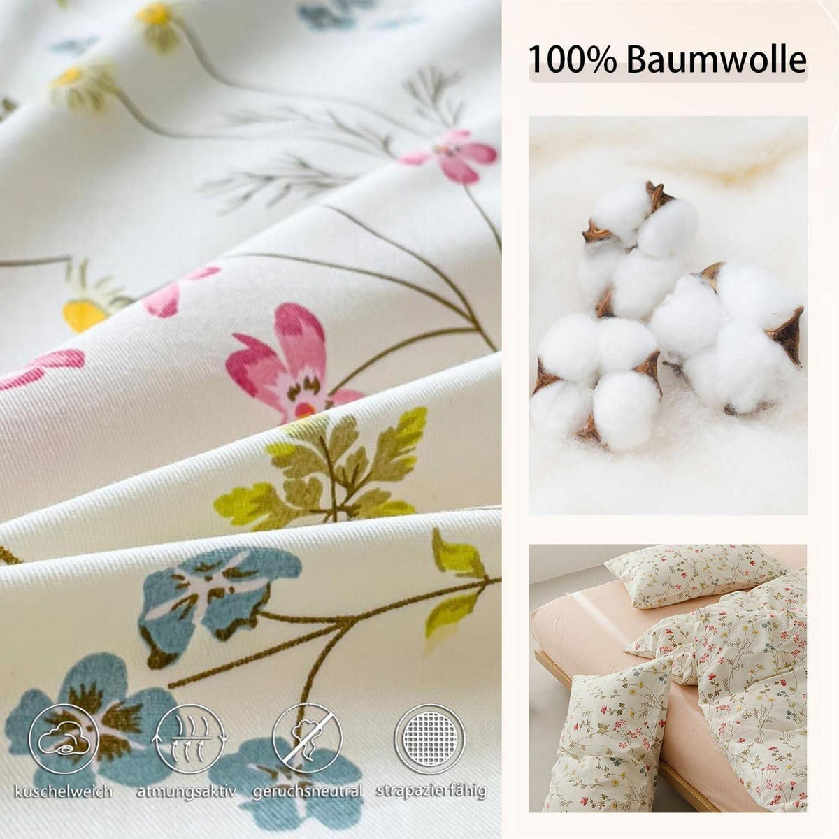 Baumwoll Bettwäsche Set Blumen Beige Rosa 220x240 cm