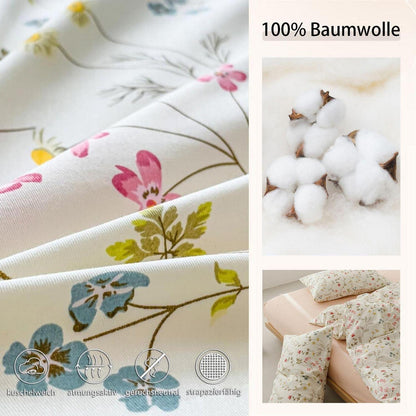 Baumwoll Bettwäsche Set Blumen Beige Rosa 220x240 cm