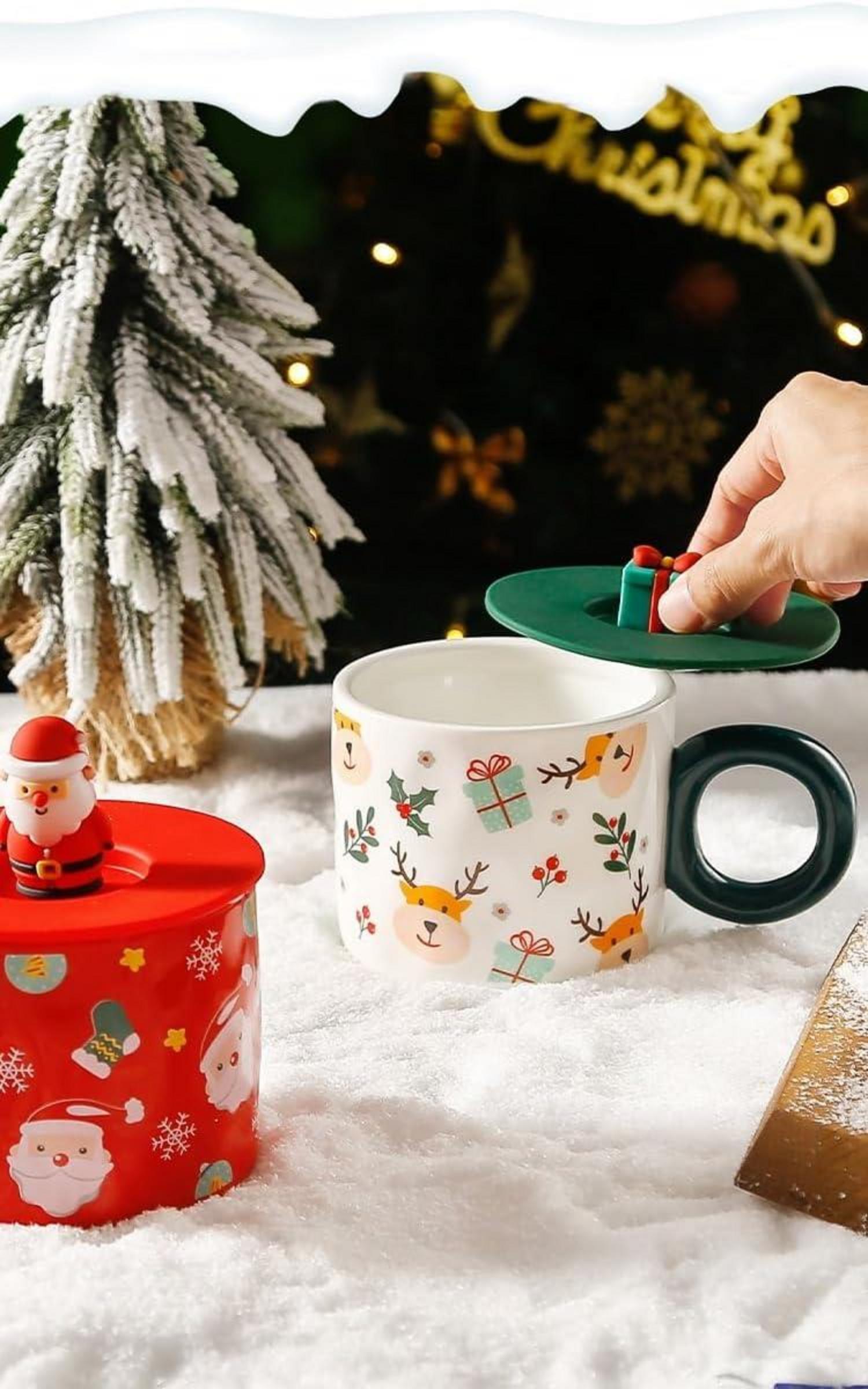 Weihnachtstasse Keramik Kaffeetasse mit Deckel 420ML für