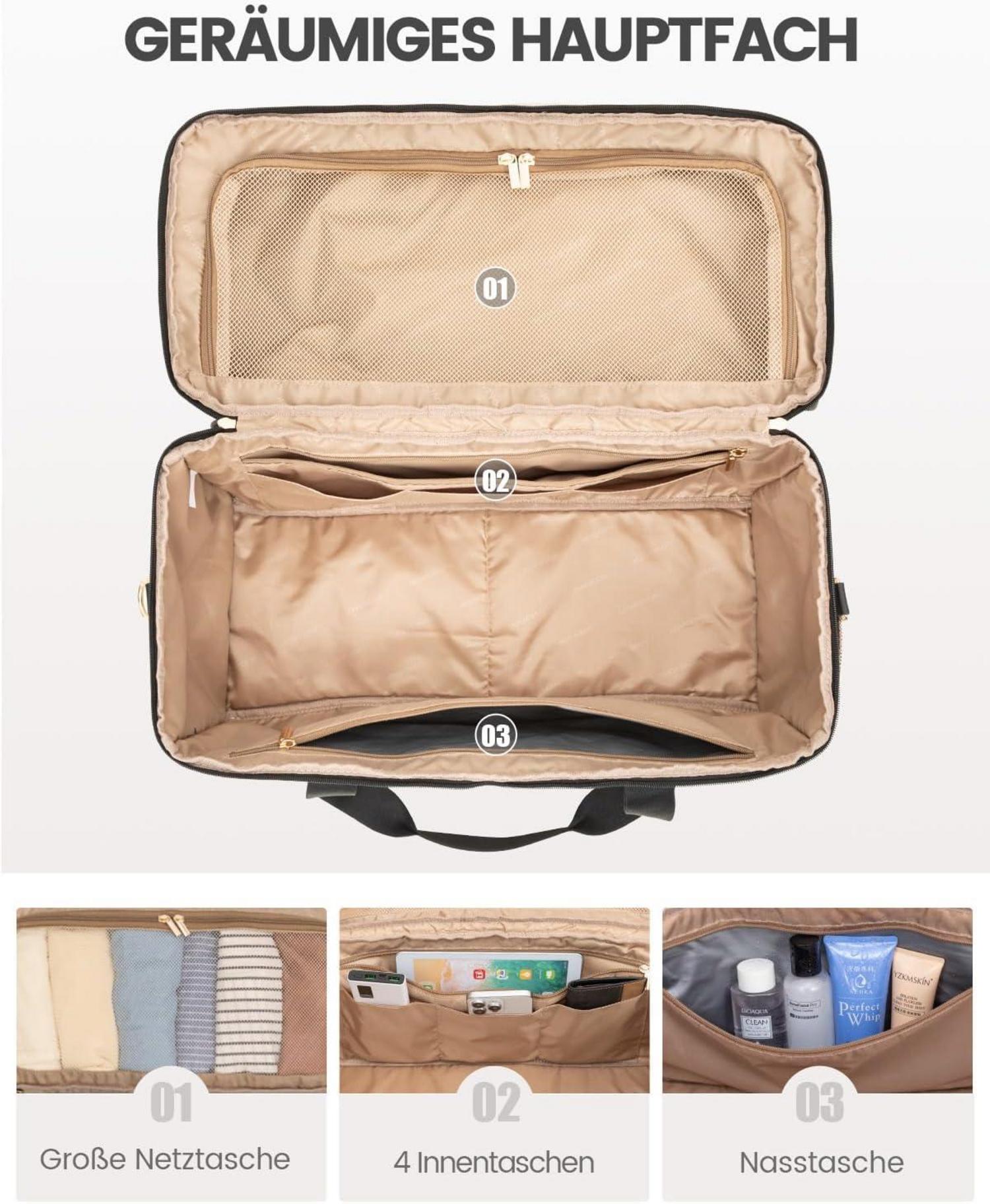 Leichte Damen Reisetasche mit Schuhtasche, Beige, Handgepäck Weekender