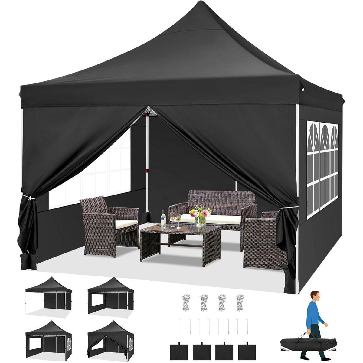 Faltpavillon 3x3m Wasserdicht Stabil mit 4 Seitenwänden Schwarz
