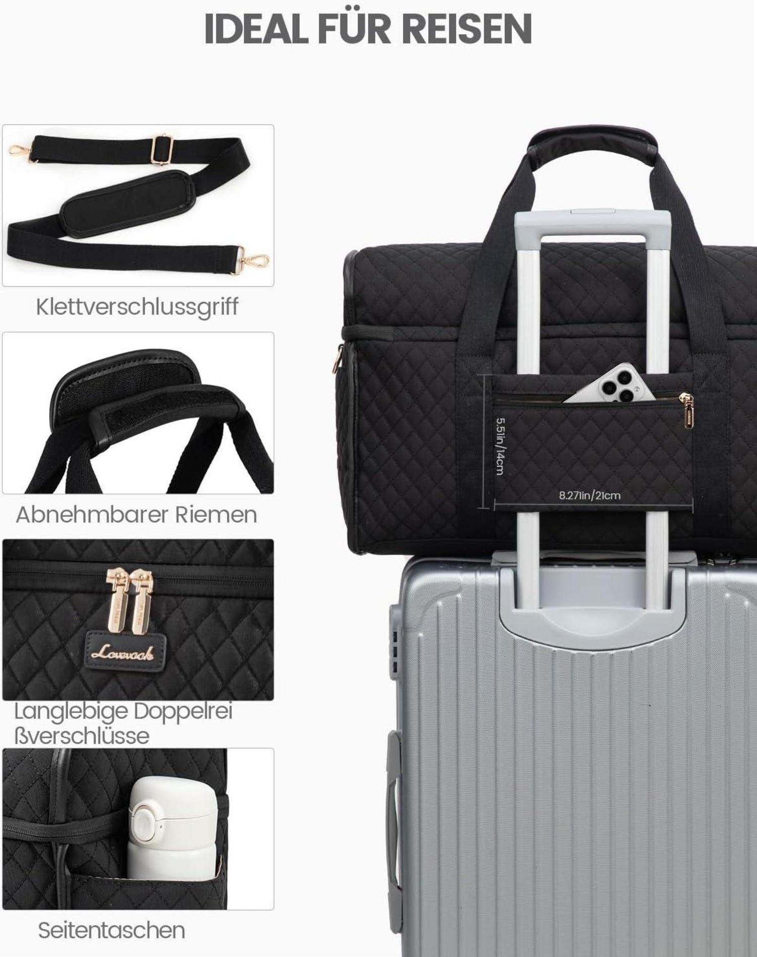 Große Öffnung Reisetasche Damen Handgepäck Weekender Schwarz