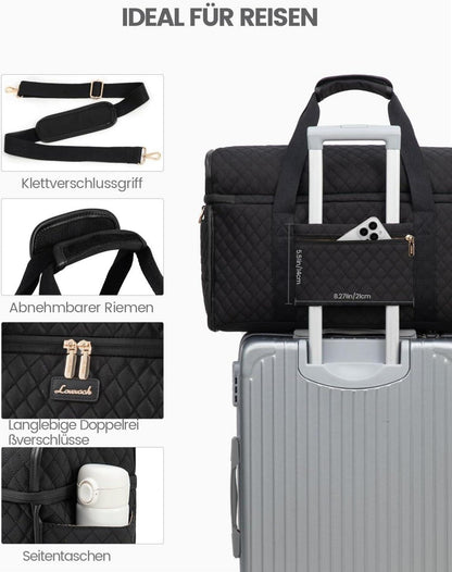 Große Öffnung Reisetasche Damen Handgepäck Weekender Schwarz