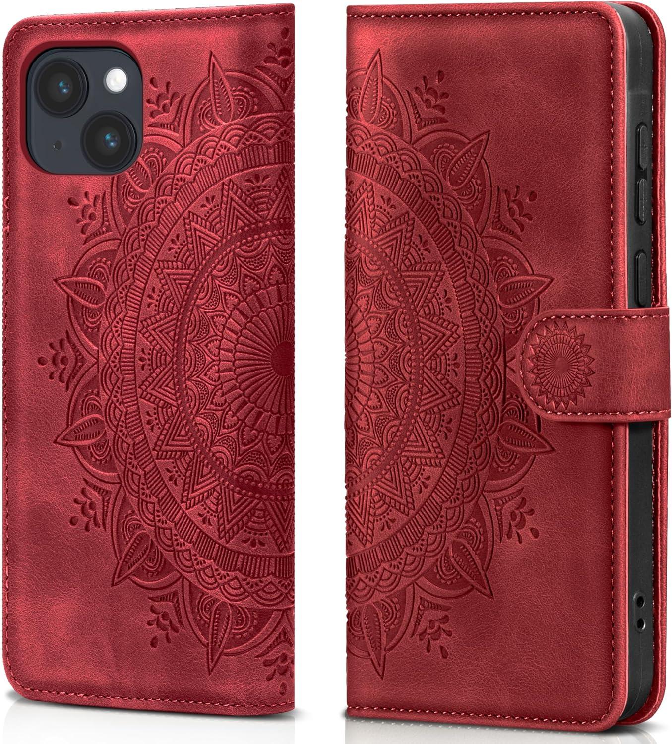 EASDNB iPhone 14 Lederhülle Wallet Case 6.1 Zoll Rot Schutzhülle