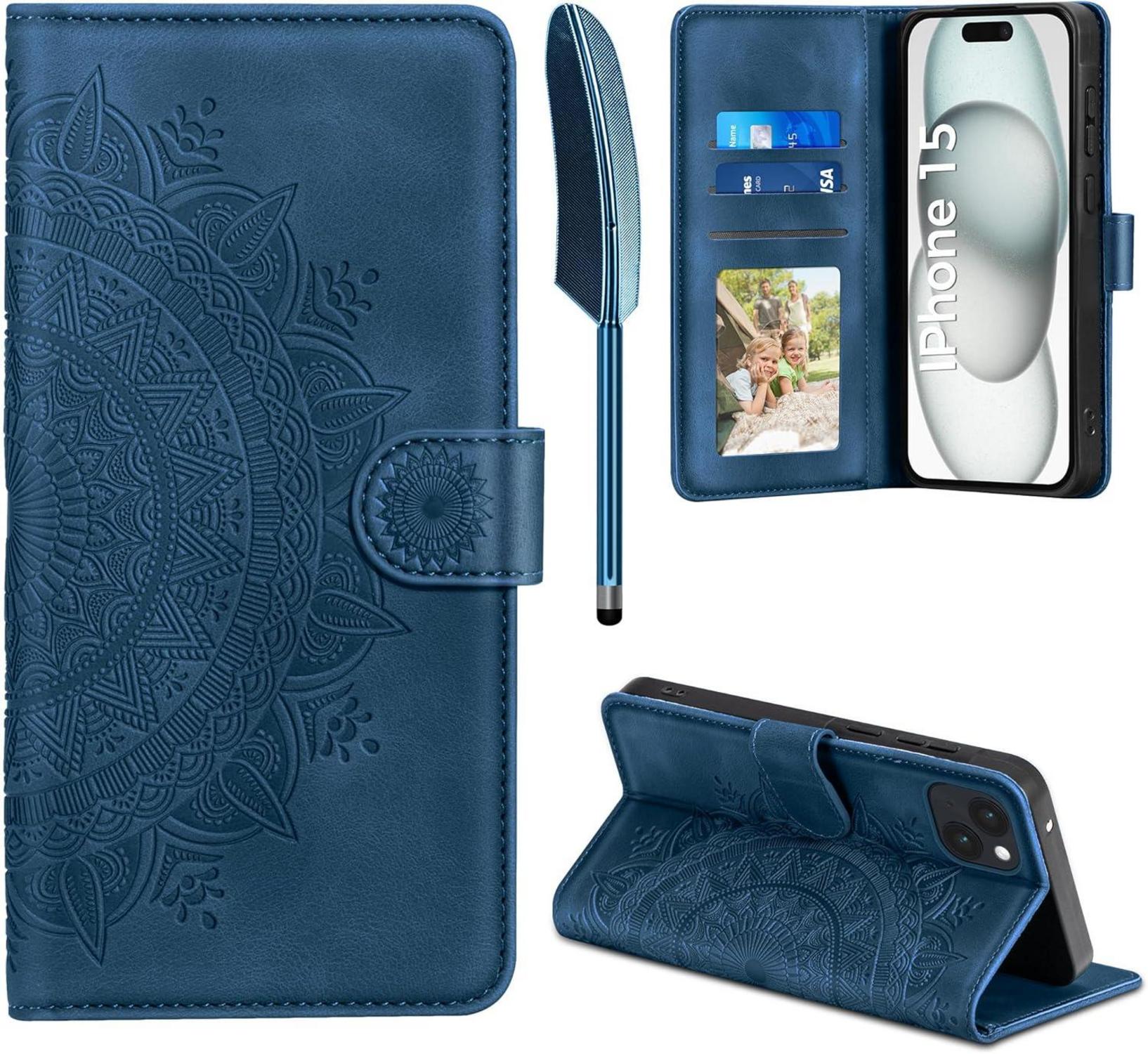 iPhone 15 Lederhülle Wallet Case Kartenfach Ständer 6.1 Zoll Blau