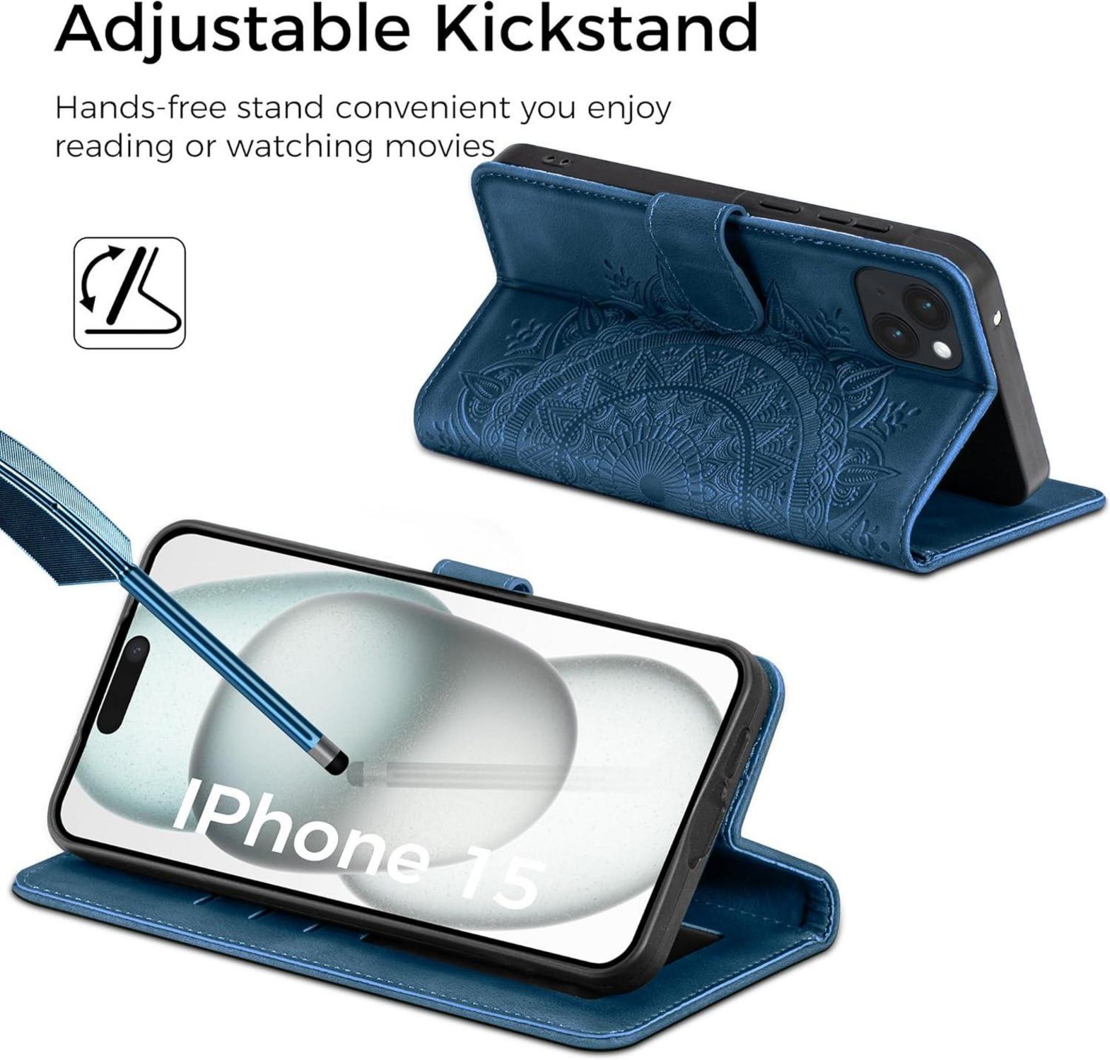 iPhone 15 Lederhülle Wallet Case Kartenfach Ständer 6.1 Zoll Blau