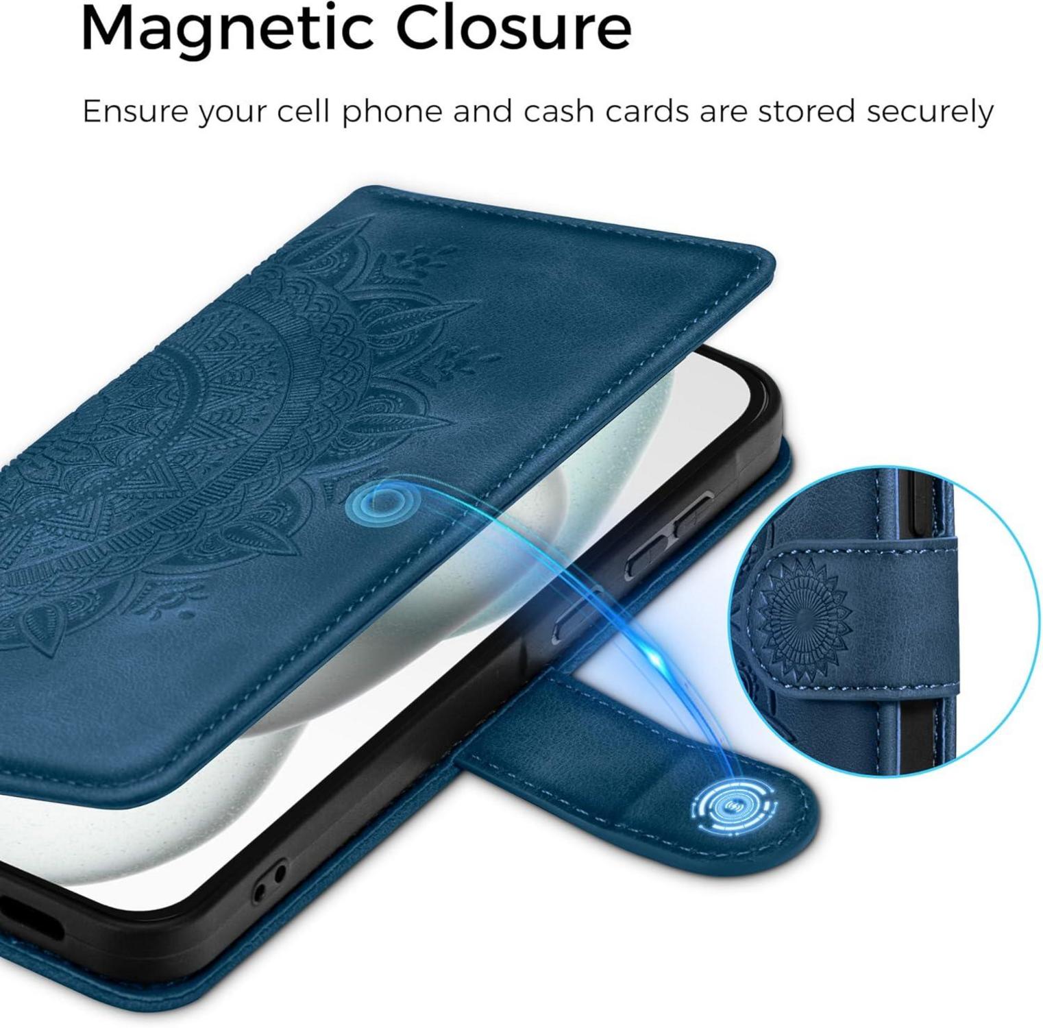 iPhone 15 Lederhülle Flip Wallet PU Schutzhülle Kartenfach Ständer Dunkelblau 6.1 Zoll