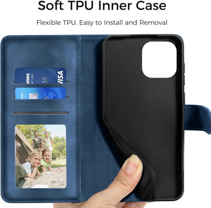 iPhone 15 Hülle Dunkelblau Wallet Leder Prägung Standfunktion 6.1 Zoll