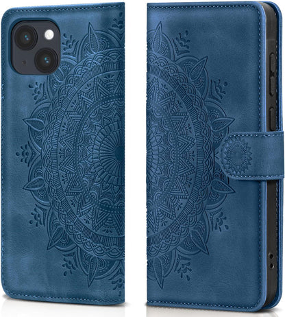 iPhone 15 Lederhülle Flip Wallet PU Schutzhülle Kartenfach Ständer Dunkelblau 6.1 Zoll