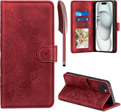 iPhone 15 Lederhülle Hülle Flip Wallet PU Case Rot 6.1 Zoll
