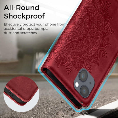 Hülle iPhone 15 Leder Flip Wallet Case PU Schutzhülle Rot 6.1 Zoll
