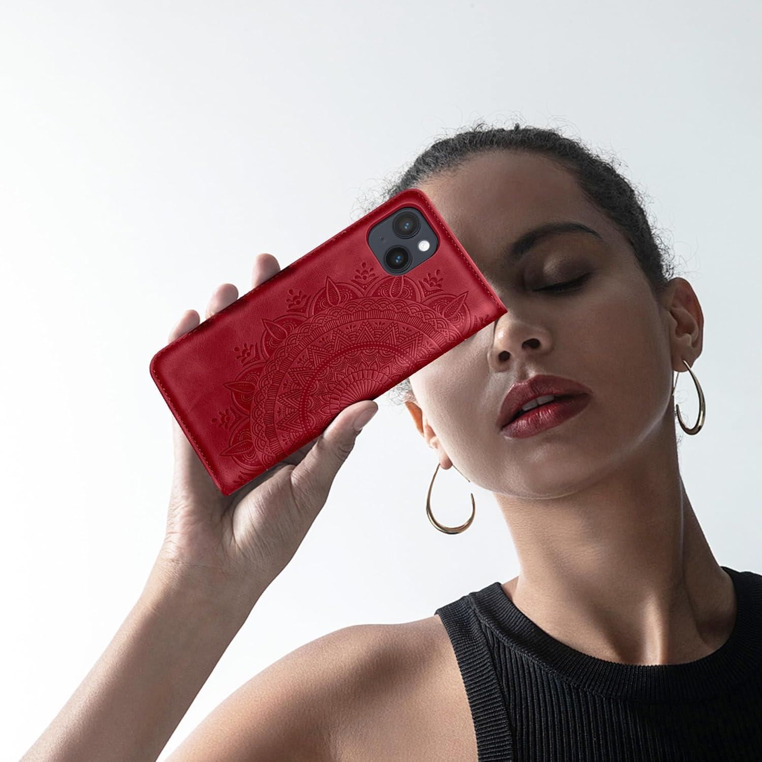 Lederhülle iPhone 15 Handyhülle Wallet Case Rot 6.1 Zoll Magnet Stand