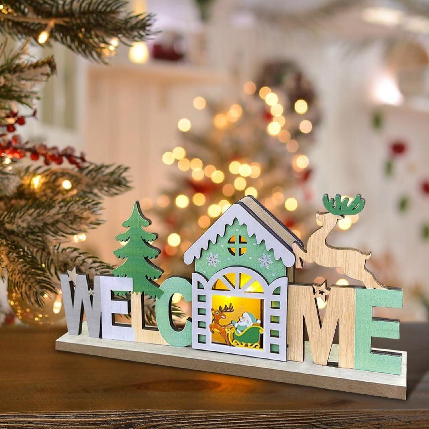 LED Weihnachtsdeko Tisch Beleuchtet Holz Schriftzug Lampe Festlich Haus