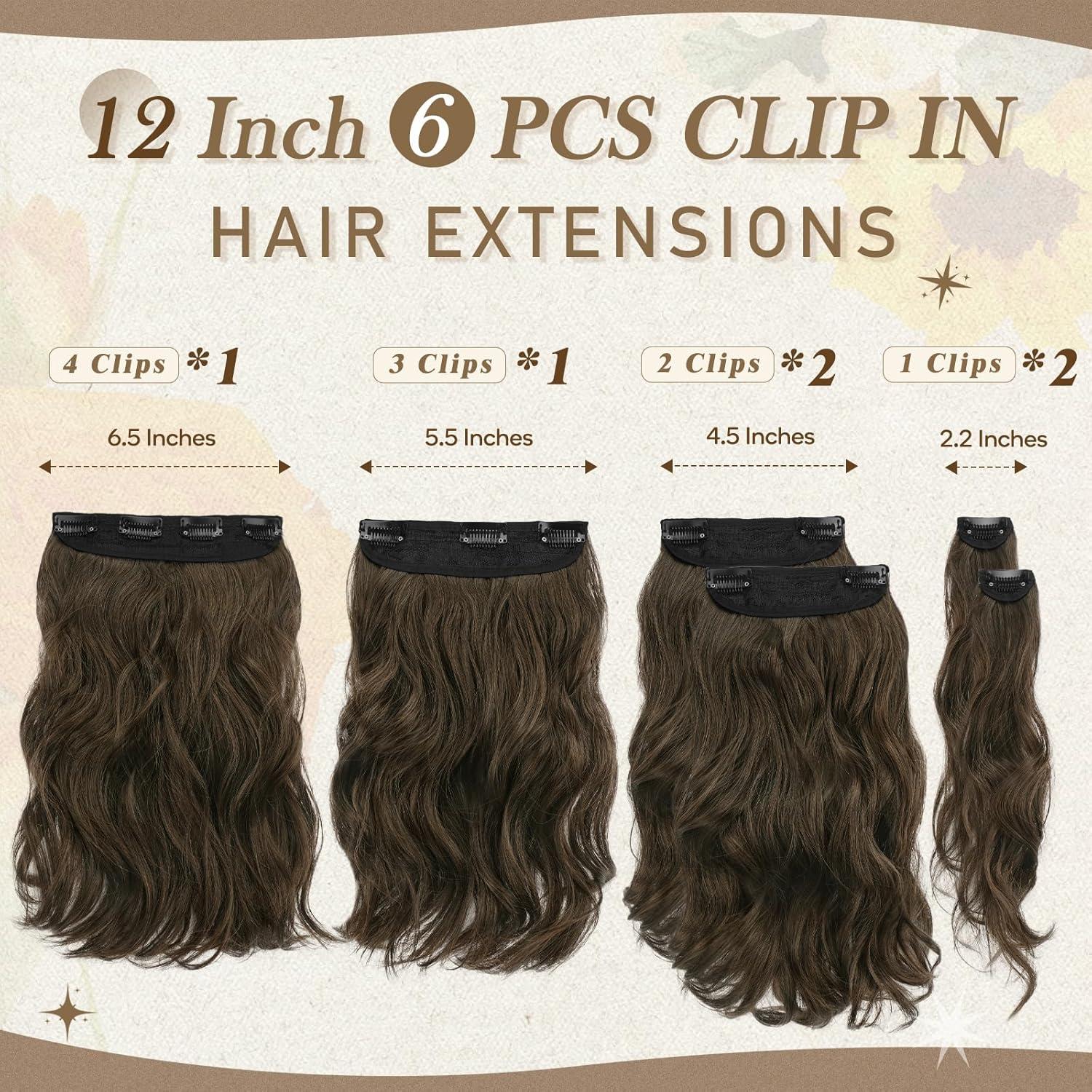 Clip-In Haarverlängerungen Braun, 30cm Kurz Welliges 6PCs