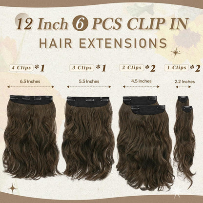 Clip-In Haarverlängerungen Braun, 30cm Kurz Welliges 6PCs