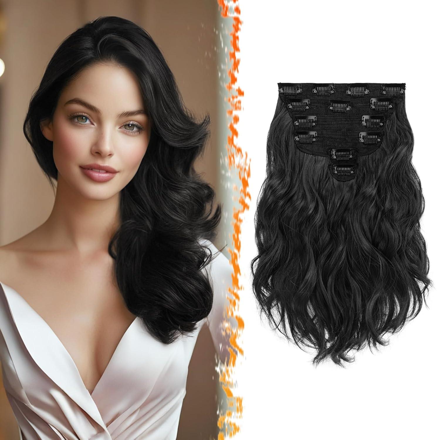 Clip in Haarverlängerung Schwarz 30cm Wellige Extensions 6PCs