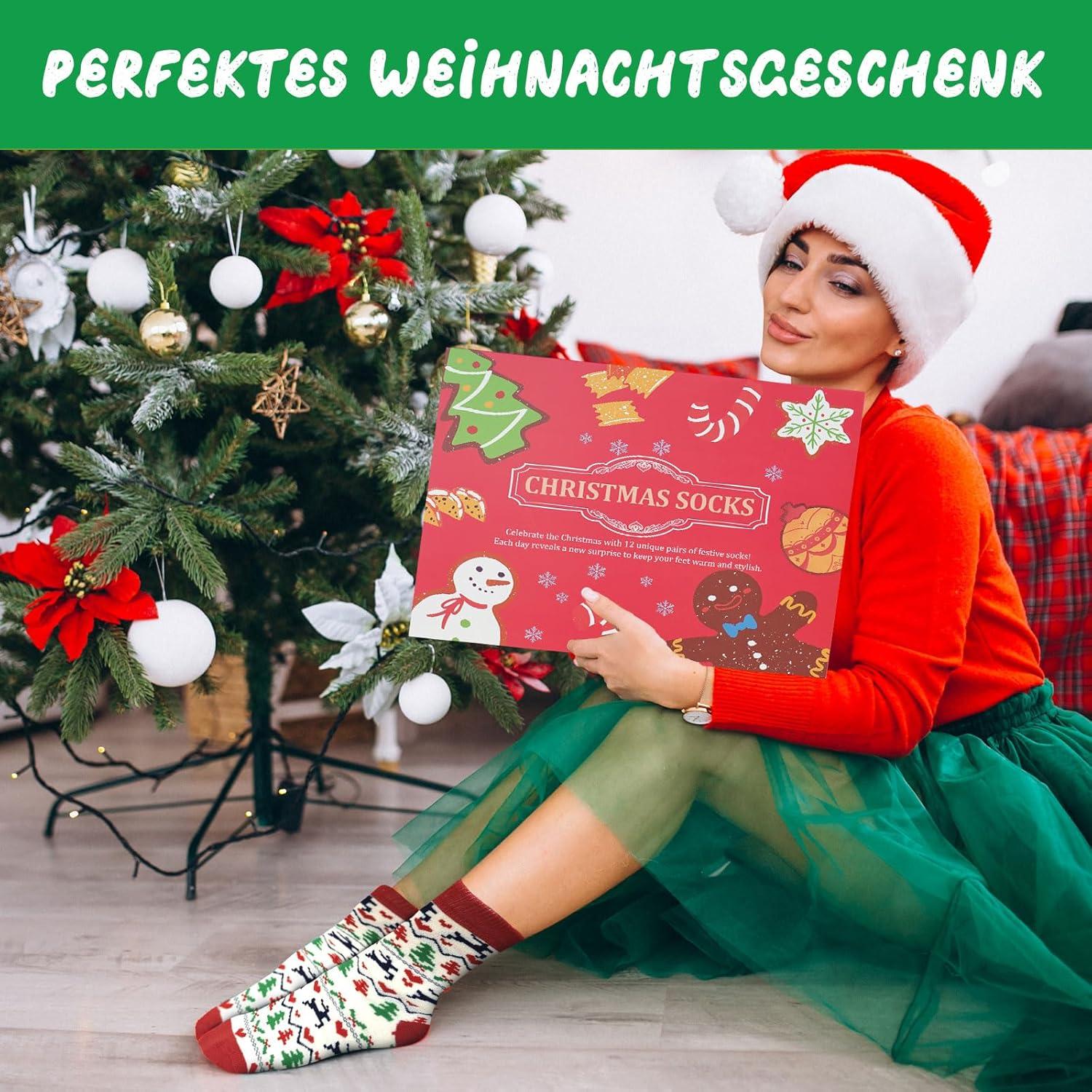 Weihnachtssocken 2024 für Frauen, 12-tägiger Adventskalender mit