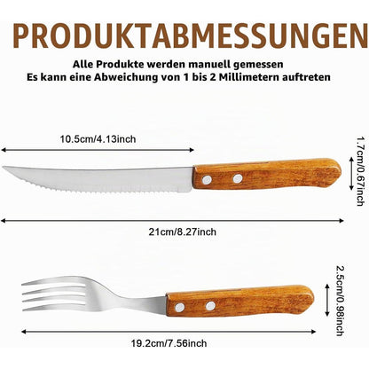30-teiliges Steakbesteck-Set | 15 Messer & 15 Gabeln | Edelstahl mit Holzgriff