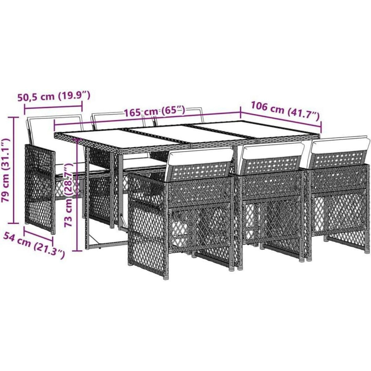 Garten Essgruppe 7-teilig mit Kissen, Poly Rattan Tisch & 6 Stühle