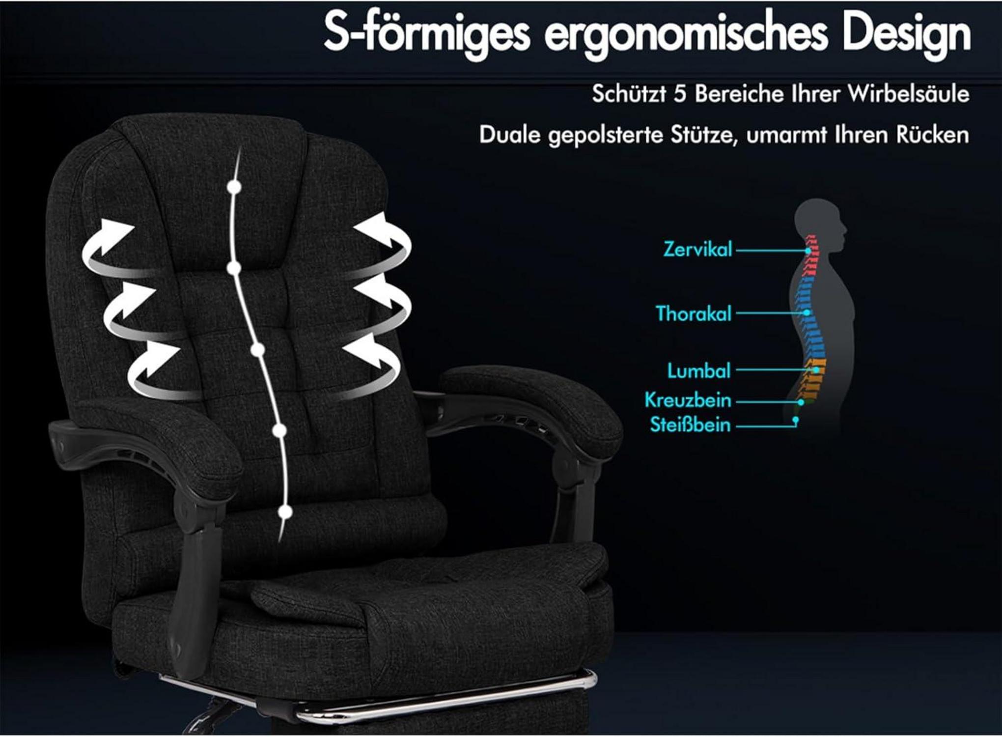 Ergonomischer Bürostuhl Massage Fußstütze 150° Neigung Schwarz