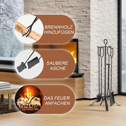 Kaminbesteck Schwarz 5-teilig Kamingarnitur Zubehör Set 65CM Ständer