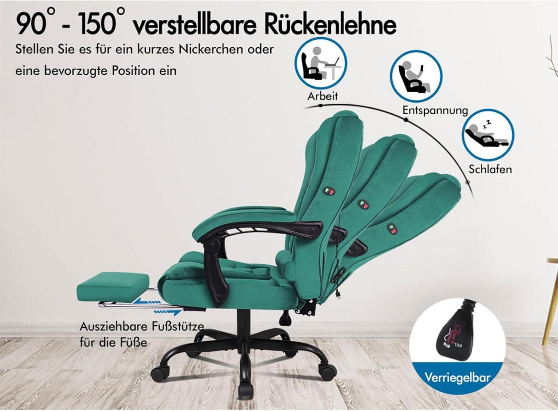 Ergonomischer Bürostuhl mit Massage und Fußstütze, 150° Neigung, max. 180 kg, Wildleder - Grün