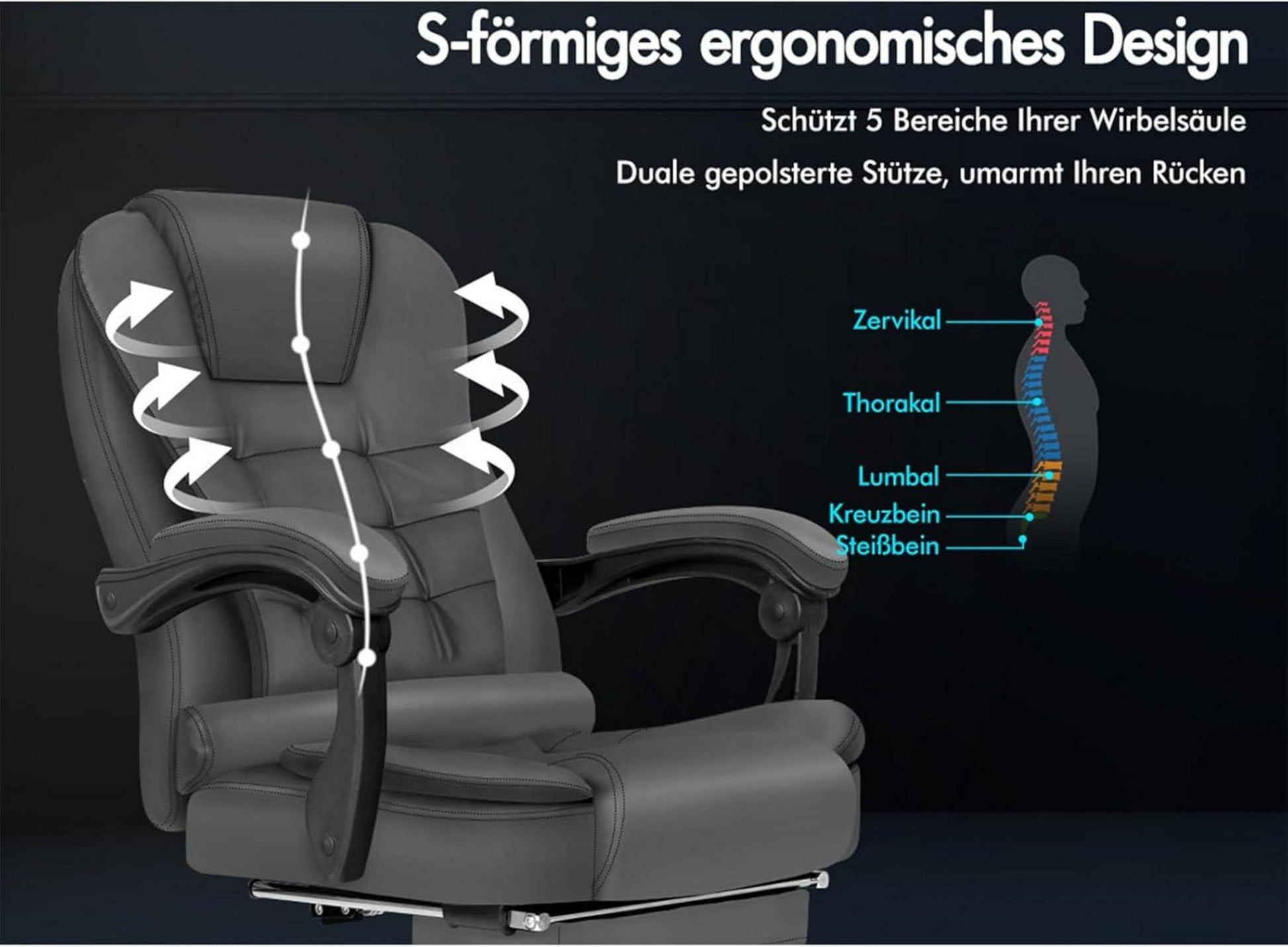 Ergonomischer Massage Bürostuhl 180 kg Fußstütze Leder Gray