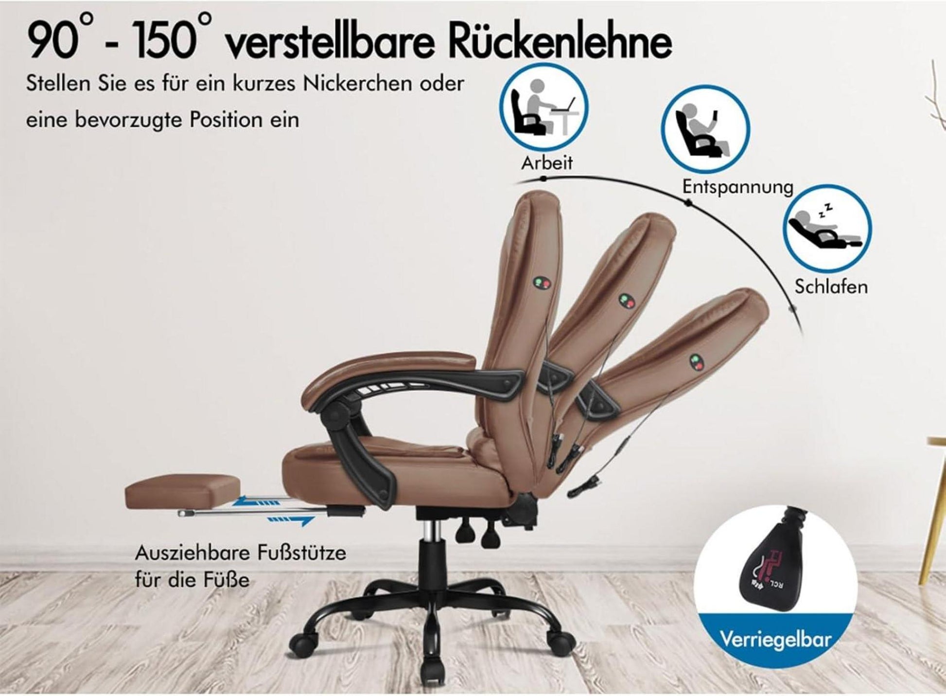 Ergonomischer Bürostuhl mit Massage Funktion und Fußstütze, Braun