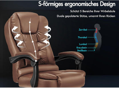 Ergonomischer Bürostuhl Massage Fußstütze 150° Neigung SGS Leder Braun