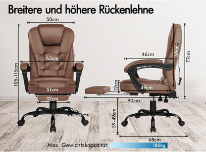 Ergonomischer Bürostuhl Massage Fußstütze Neigung 180 kg Leder Braun