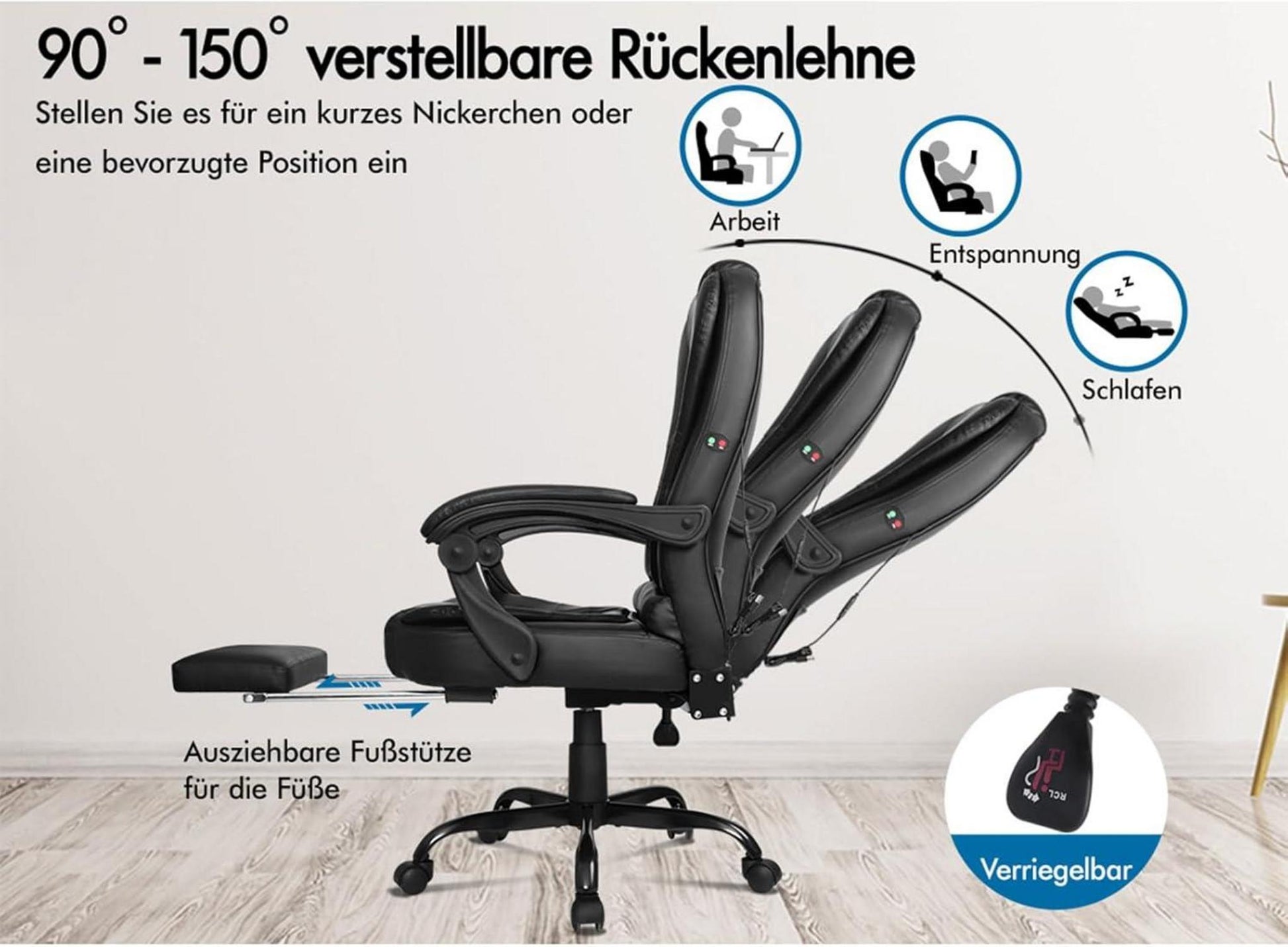 Ergonomischer Bürostuhl mit Massage und Fußstütze, 150° Neigung, SGS-Gasfeder, max. 180kg, Leder Schwarz