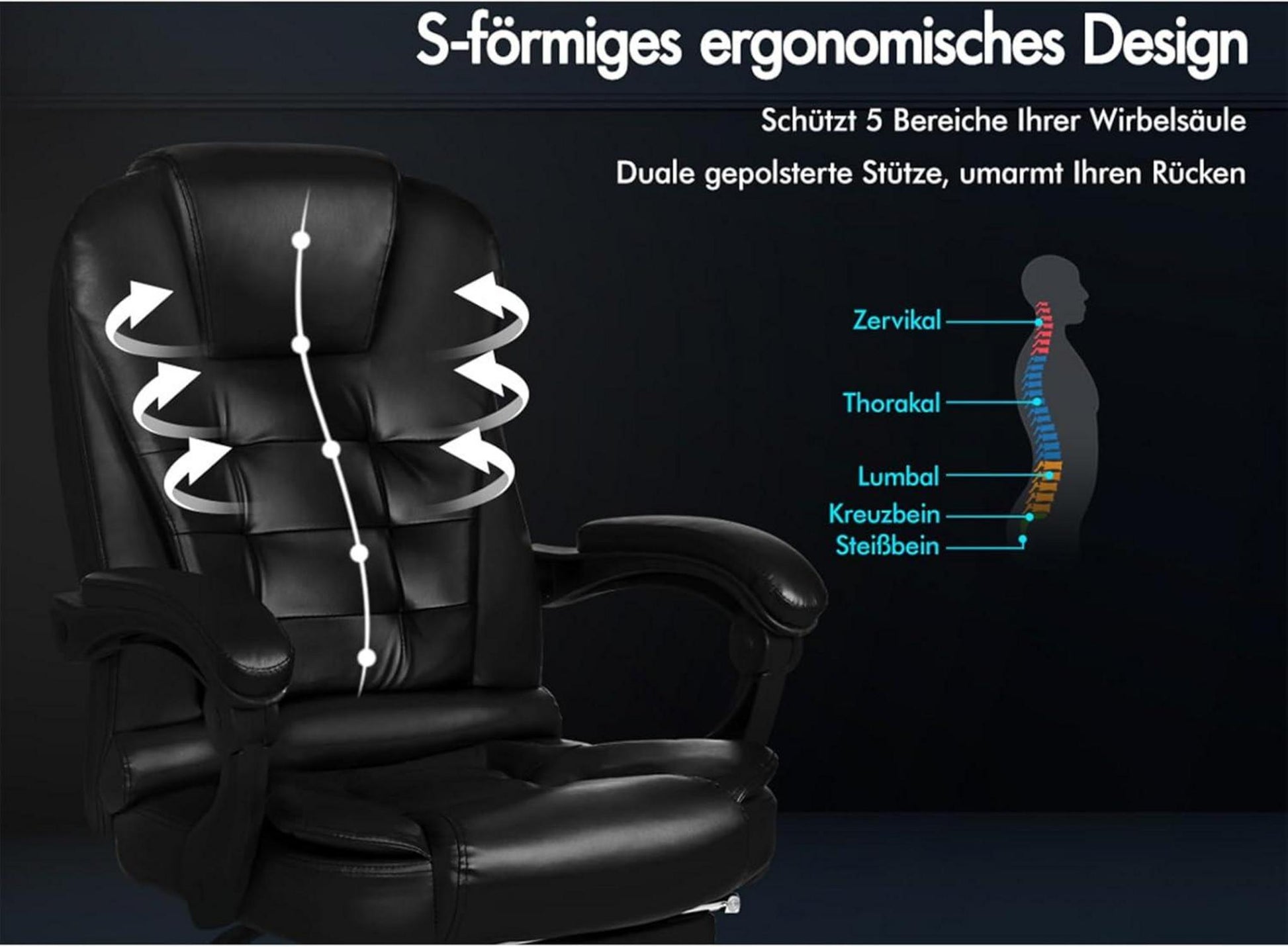 Ergonomischer Bürostuhl Massage Fußstütze 180 kg Schwarz Leder