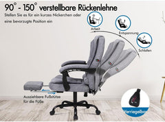 Ergonomischer Bürostuhl mit Massage und Fußstütze, 150° Neigung, SGS-Gasfeder, max. 180 kg, Leinen Gray