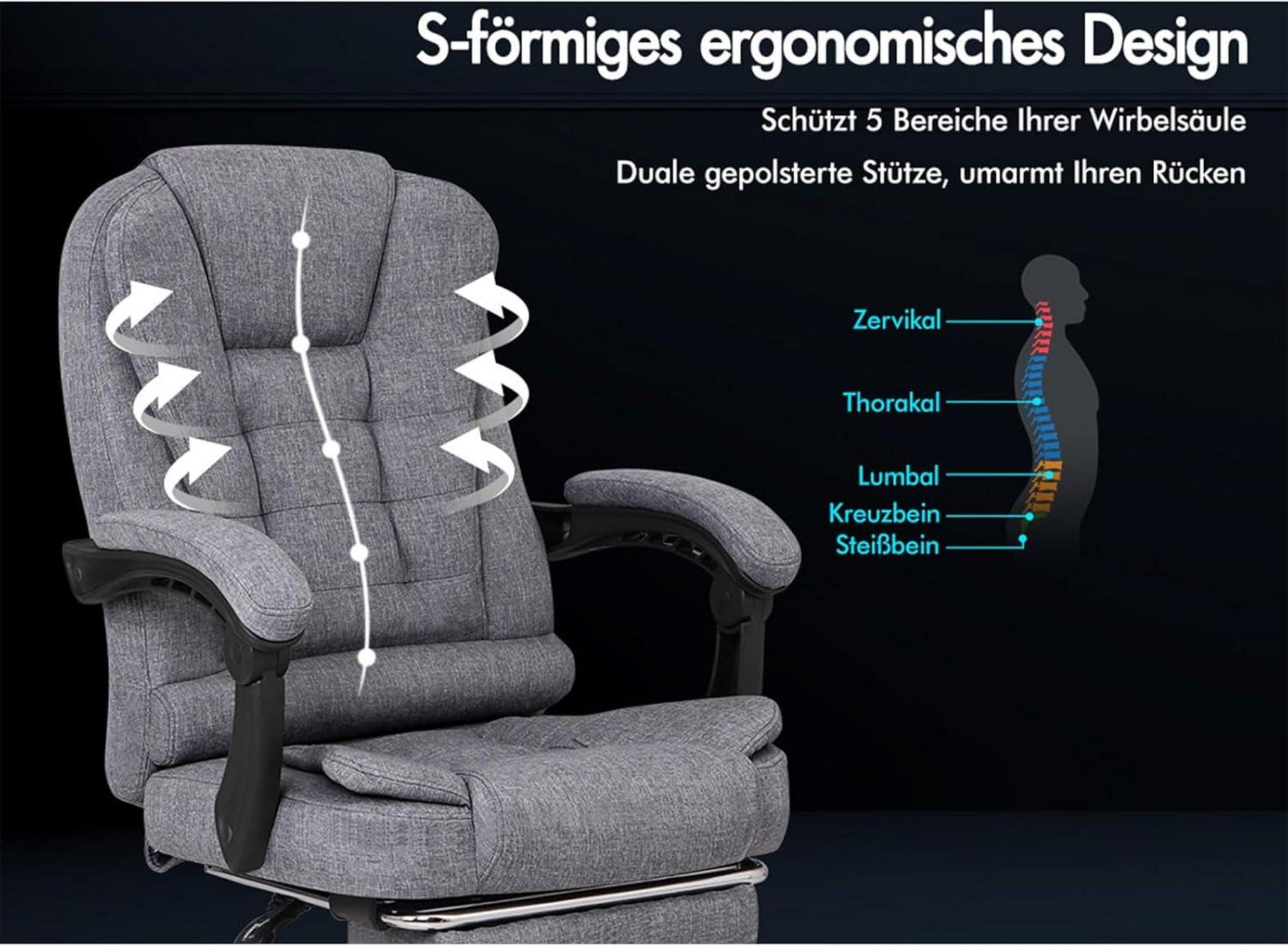 Ergonomischer Bürostuhl Massage Fußstütze 150° Neigung max. 180 kg Leinen Grau