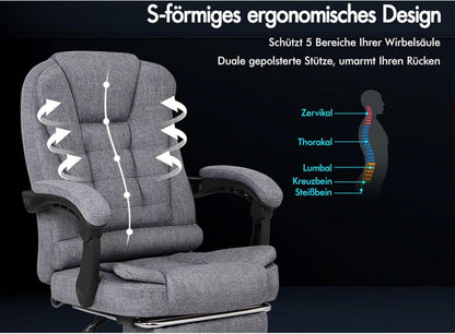 Ergonomischer Bürostuhl Massage Fußstütze 150° Neigung max. 180 kg Leinen Grau