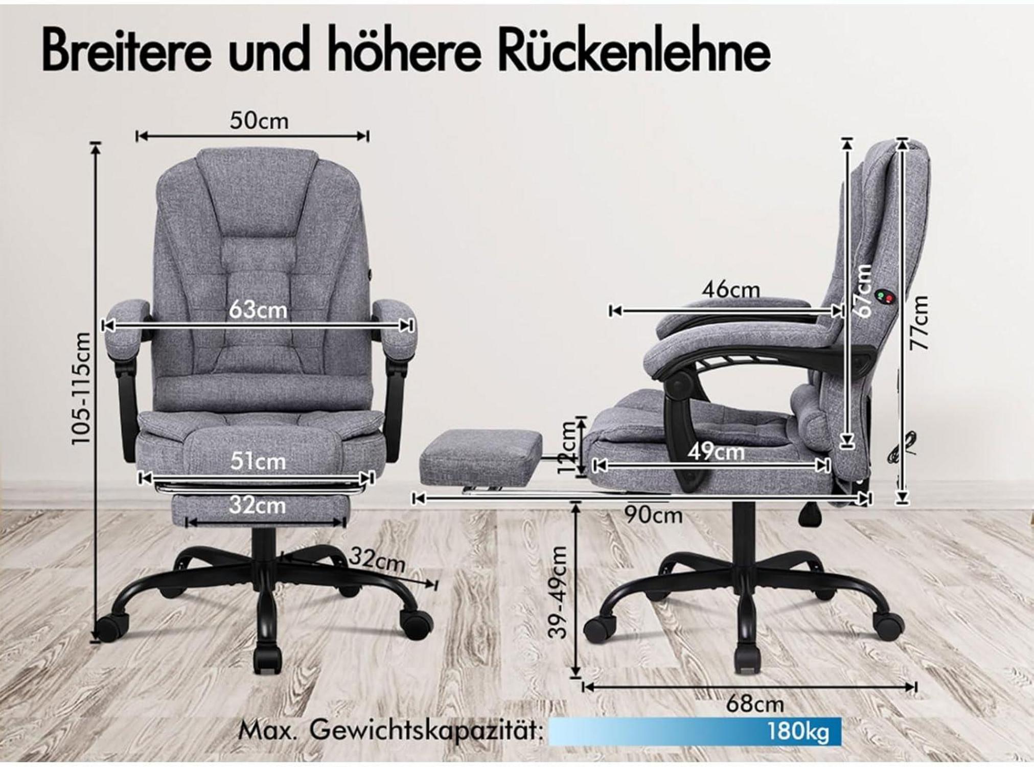 Ergonomischer Massage Bürostuhl mit Fußstütze 150° Neigung