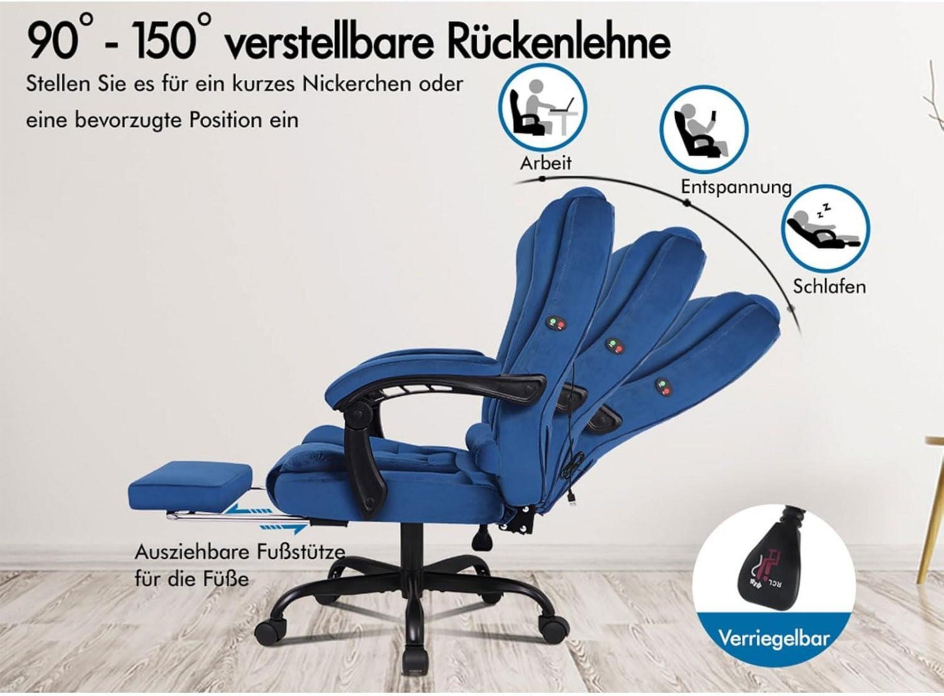 Massagebürostuhl mit Fußstütze und Neigungsfunktion in Schwarz