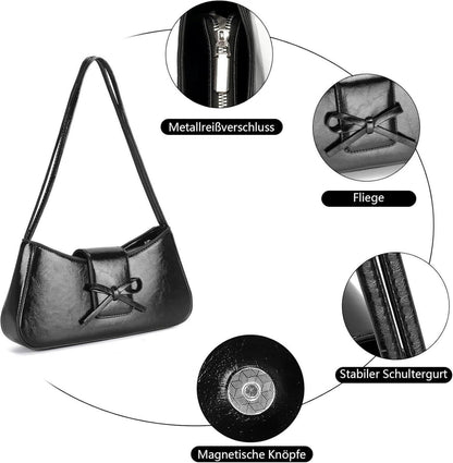 Kleine Handtasche Damen Schwarz PU-Leder Umhängetasche 28x6x13cm