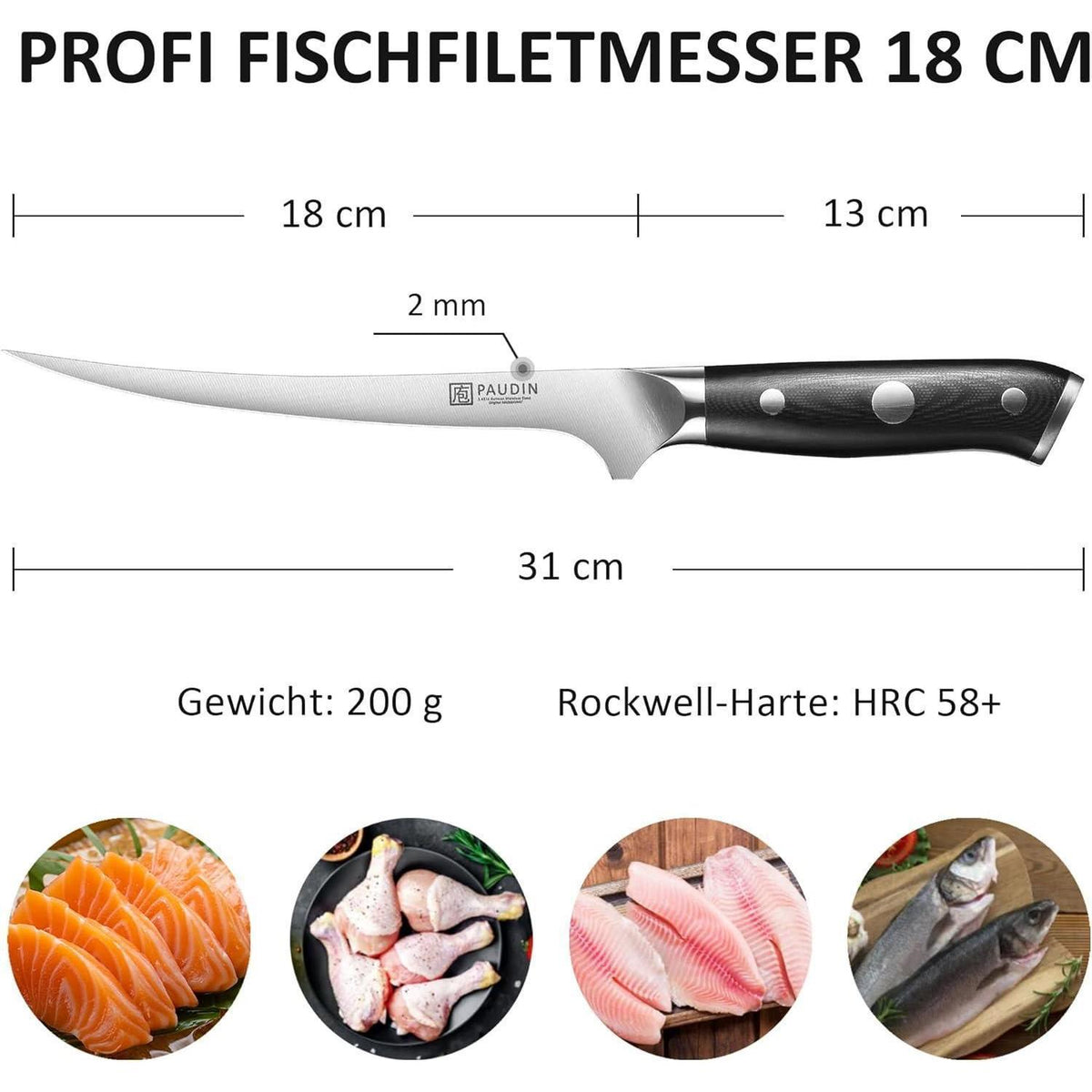 Filetiermesser 18 cm aus deutschem Edelstahl, scharf & ergonomisch