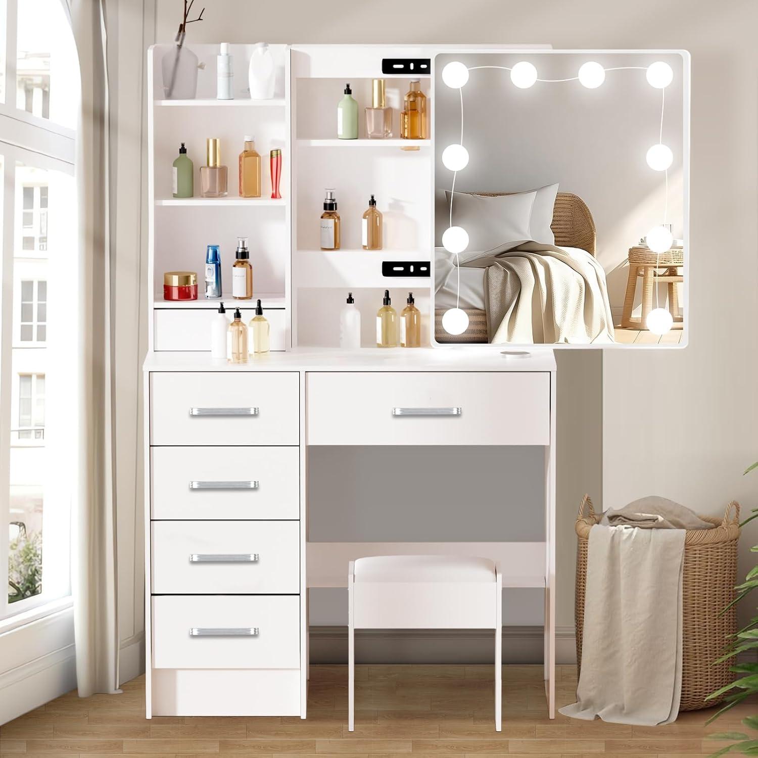 Schminktisch LED-Beleuchtung 10 Glühbirnen Weiß MDF 6 Schubladen 4