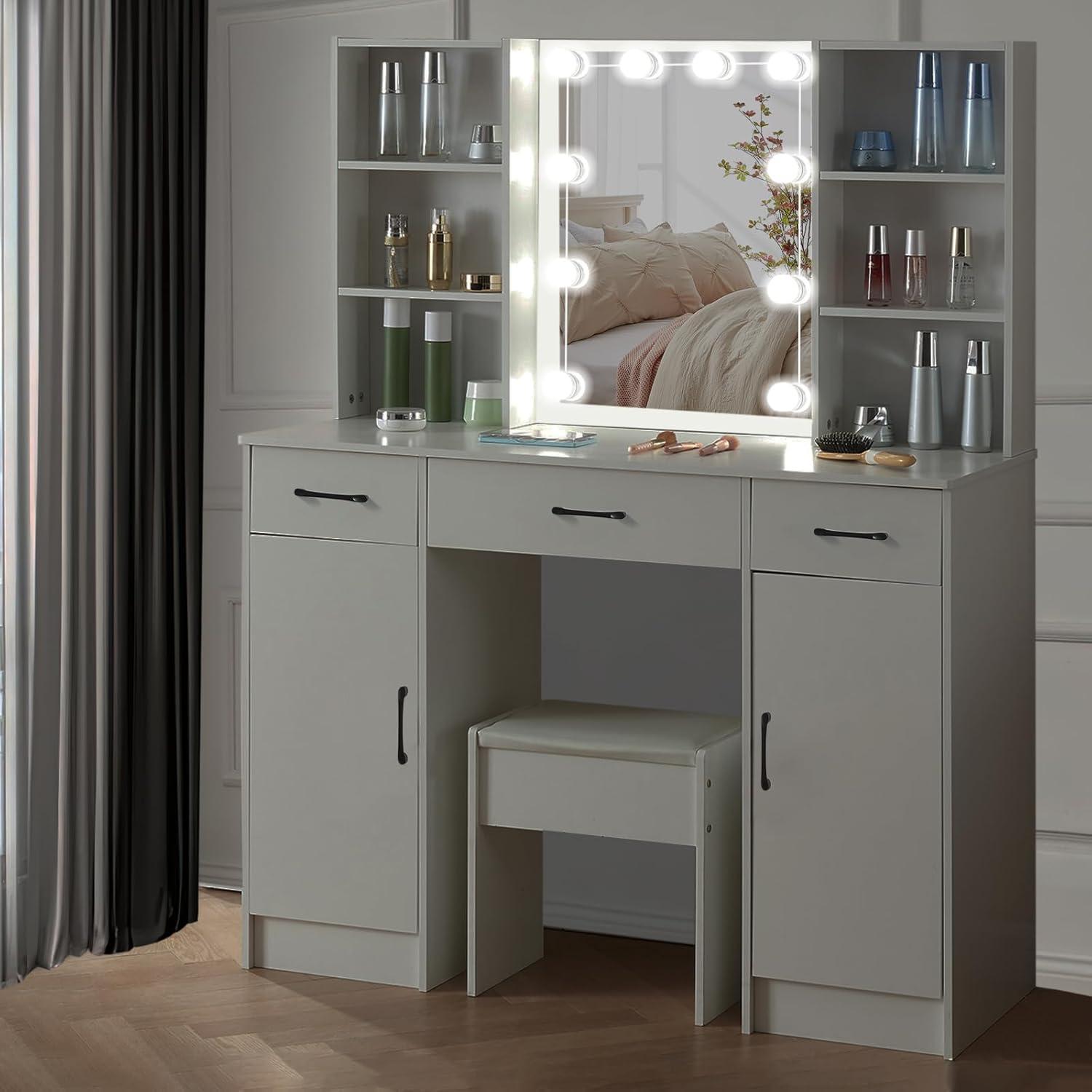 Schminktisch mit LED-Beleuchtung und Stuhl, Weiß, Modern, Holz