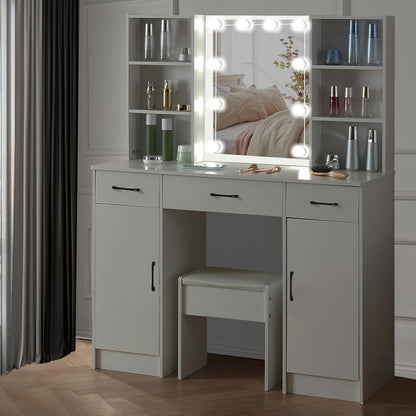 Schminktisch mit LED-Beleuchtung und Stuhl, Weiß, Modern, Holz