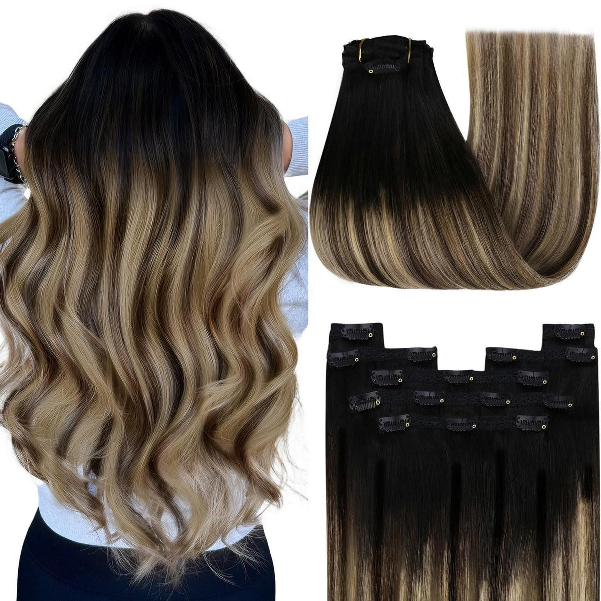 Clip-in Echthaar Extensions Balayage Schwarz Braun Blond 40cm